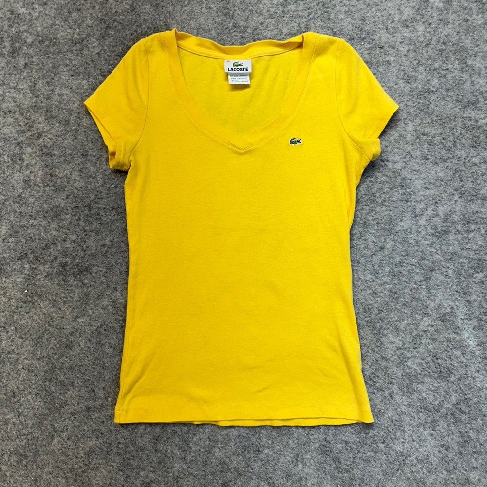 Lacoste V-Neck TShirt Womens Yellow Short Sleeve Lacoste Size 40 Fits like US XS